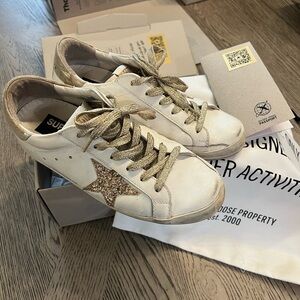Golden Goose Women's White and Glitter Gold Sneakers